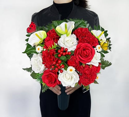 Artificial Cemetery Flower with Vases for Grave Decoration, 3PC,Red Rose Carnation，Headstone Flower Saddle (Vases Included)