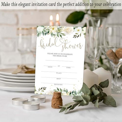 Bridal Shower Invitations, 25 Creamy Rose Invites with Envelopes for Bridal Shower Reception Engagement Party, Greenery Gold Wedding Party Cards - B15 - style: Greenery Gold