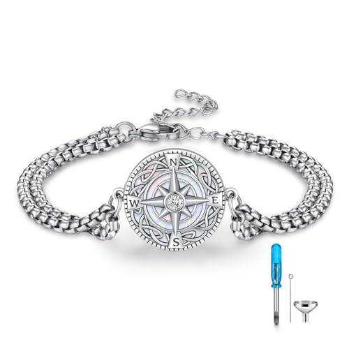TUGHRA Ashes Bracelet for Women Urn Bracelet for Ashes 925 Sterling Silver Cremation Jewelry Memorial Gifts Keepsake Bracelet - style: Ashes Bracelet-coin-compass-white opal