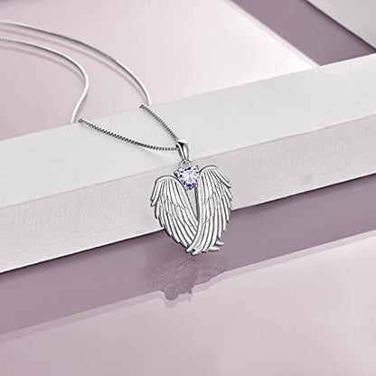 YFN Angel Wings Necklace 925 Sterling Silver Guardian Angel Wings Pendant Necklace Birthstone Necklace for Women Girls Christmas Jewelry Gifts - color: June