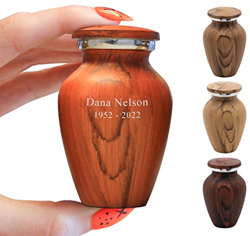 Personalized Cedar Wood Finish Keepsake Cremation Urn for Ashes - Aluminum Urn with Painted Cedar Wood Finish - 3 Cubic Inch Capacity [2.5 tablespoons of cremains] - for The Sharing of Ashes - color: Cedar - Personalized