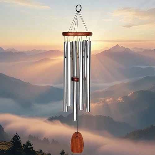 Woodstock Chimes of Comfort 24" Memorial Wind Chimes for Outdoor & Garden, Tuned to Amazing Grace, Sympathy Gift Silver Aluminum Tubes, Teak Wood Finish (WCOC)