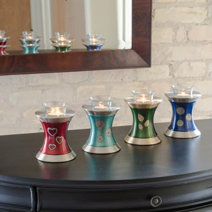 Flowers of Peace Tealight Urn for Ashes - Blue, Brass Memorial Candle Urn, Extra Small, 5.5 Inches High - color: Blue