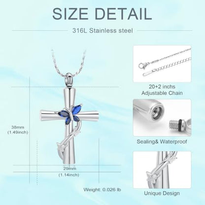 Butterfly Cross Urn Necklace for Ashes Birthstone Cremation Jewelry for Men Women Ashes Pendant Keepsake Memorial Ash Jewelry - color: Silver-Blue