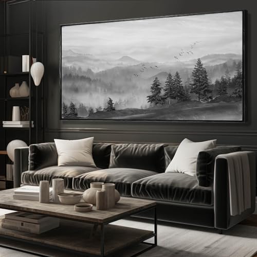 Kureful Large Wall Art Office Decor Mountain Wall Art Bedroom Decor 30"x 60" Room Decor Trees Canvas Picture Painting Grey Artwork for Bathroom Modern Home Decoration - color: Black, size: 58"L x 29"W