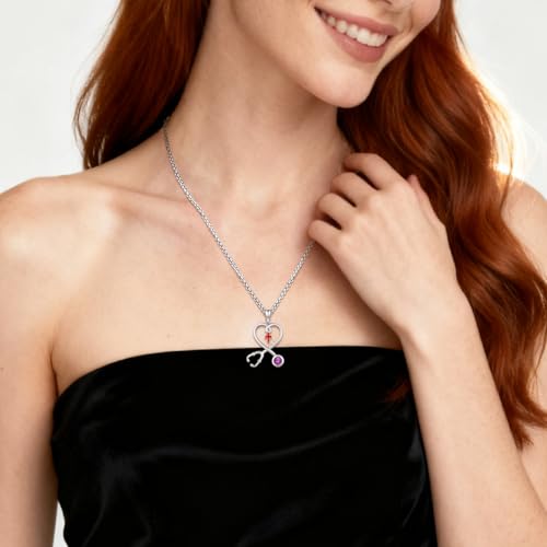 Angel Wings Necklace 925 Sterling Silver Guardian Angel Nurse RN Caduceus Pendant Charm Crystal Angel Jewelry Gifts for Women - style: H-Stethoscope-02-Feb.-Amethyst