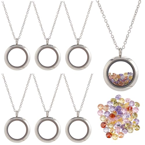 1 Box Stainless Steel 6Pcs Round Memory Locket Floating Memory Glass Necklace Chain Cubic Zirconia Cabochons Polished Keepsake Living Locket Necklace for Pendant Women Friendship Decoration - style: 25mm silver