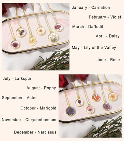 AUNTESIGN Forget-Me-Not and Queen Anne's Lace Pressed Wildflower Necklace | Birth Month Flowers Necklace | Gold/Silver Pressed Flower Jewelry | Mother's Day | Gift For Her - color: Aster Necklace (September Birth Flower)