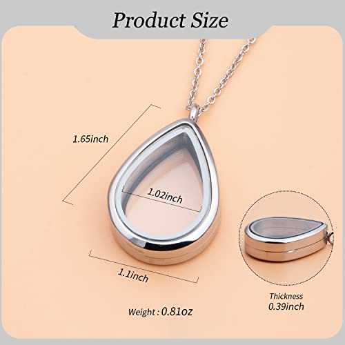2PCS 30MM Floating Charm Locket Necklace with 6 Freshwater Pearls/Beads,316L Stainless Steel Clear Glass Locket,Small Waterproof Living Memory Pendant for Women(Without Chain) - color: Teardrop
