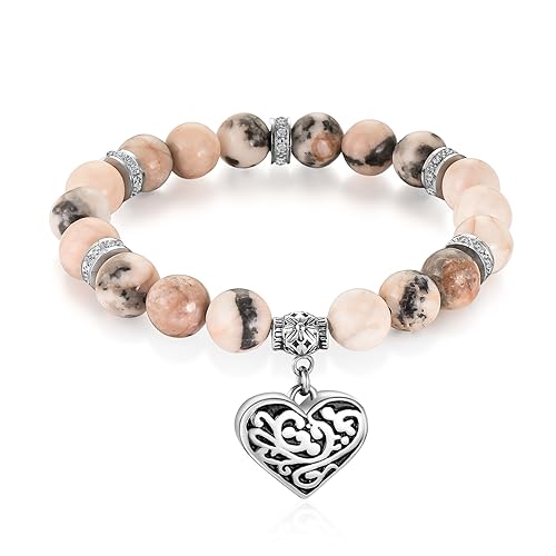 XIUDA Heart Cremation Memorial Urn Bracelet 316L Stainless Steel Keepsake Jewelry Urn Bracelet for Ashes for Women-With Me Always - style: Pink Zebra Stone