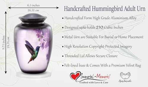 Hummingbird Cremation Urn for Adult Ashes – Elegant Purple Memorial Urn with Vibrant Hummingbird & Flowers – A Loving Tribute for Women & Men – Full-Size Funeral Urns Holds Up to 200 lbs (Large) - size: Large Full-Size