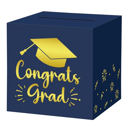 Hooqict Graduation Card Box with Slot 9.1" Congrats Grad Blue Gold Money Card Box for Class of 2026 Graduation Decorations Money Envelope Gifts Cards Holder Grad Party Supplies - color: Graduation Blue