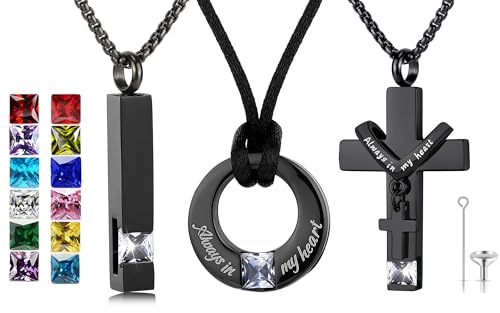 YOUFENG 3 Pieces Cremation Urn Necklaces for Ashes Keepsake Cremation Jewelry Cross Round Bar Birthstone Crystal Stainless Steel Memorial Pendant for Women Men - color: Clear Zircon