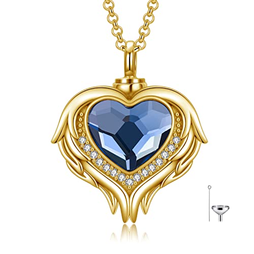 AOBOCO 925 Sterling Silver Angel Wing Heart Cremation Urn Necklace Holds Loved Ones Ashes, Memorial Keepsake Cremation Jewelry Necklace for Women - color: Silver Gold-plated