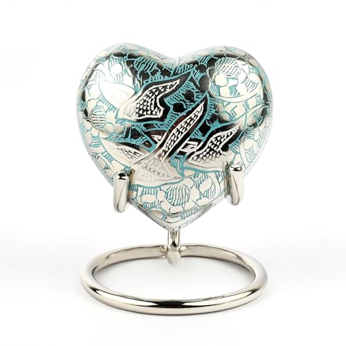 Heart Shaped Brass Small Urn for Human Ashes Keepsake with Engraved Birds – Mini Cremation Urn with Velvet Box & Brass Stand – Memorial Keepsake for Ashes of Adult Male, Female and Infant (Green) - color: Green