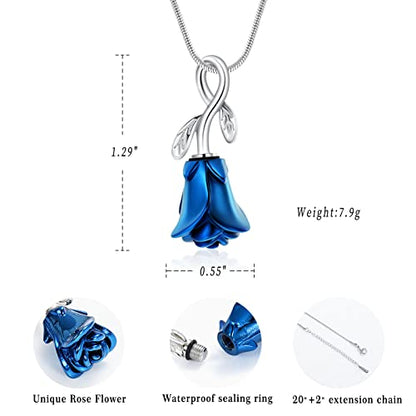 Rose Flower Cremation Urn Necklace for Ashes Stainless Steel Memorial Cremation Ash Jewelry Keepsake Pendant Necklace for Women Girl - color: Blue