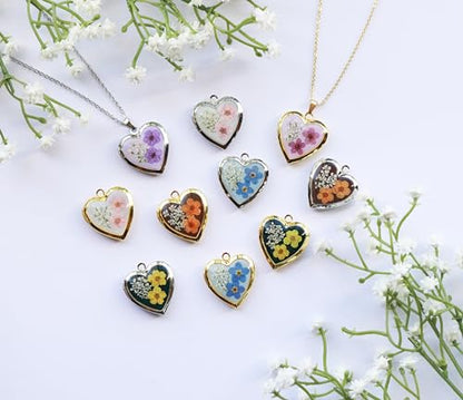 Handmade Heart Shaped Dried Pressed Forget Me Not Flower Photo Locket Pendant Necklace - color: Silver, style: YELLOW+DG