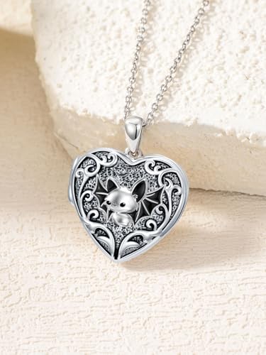 Personalized Heart Locket Necklace That Holds Pictures 925 Sterling Silver Custom Photo Lockets Necklaces Jewelry Gifts for Family Women Lover - color: Bat, style: Locket Only