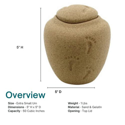 Oceane Sand Footprints Biodegradable Urn for Ashes - Extra Small, Earth Friendly Urn for Ground or Sea Burial, 5 Inches High - size: X-Small