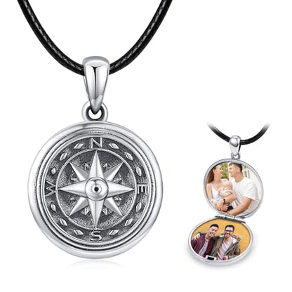 TANGPOET Small Compass Locket Necklace for Men Women 925 Oxidized Silver Lockets Necklace that Holds Two Pictures Memorial Photo Jewelry Birthday Valentines Fathers Day Graduation Gifts