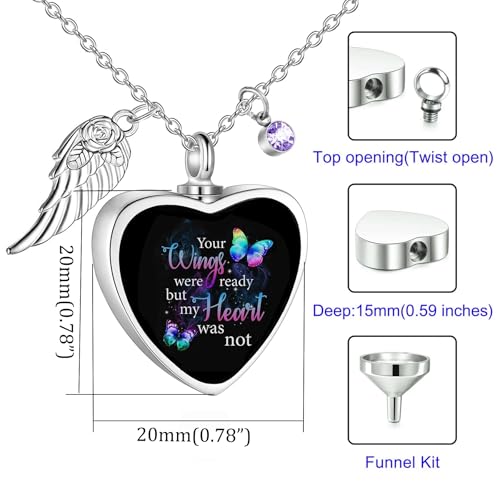 RIPFEVURN Heart Cremation Jewelry Urn Necklaces for Ashes for Women Stainless Steel Butterfly Cremation Jewelry Human Ashes Holder Memorial Keepsake Pendant - color: Your wings