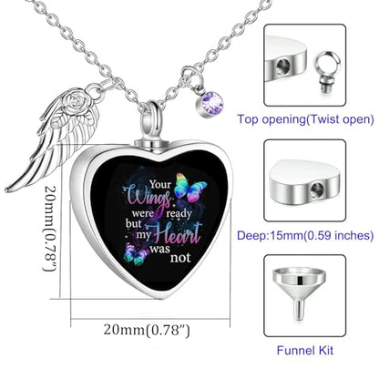 RIPFEVURN Heart Cremation Jewelry Urn Necklaces for Ashes for Women Stainless Steel Butterfly Cremation Jewelry Human Ashes Holder Memorial Keepsake Pendant - color: Your wings