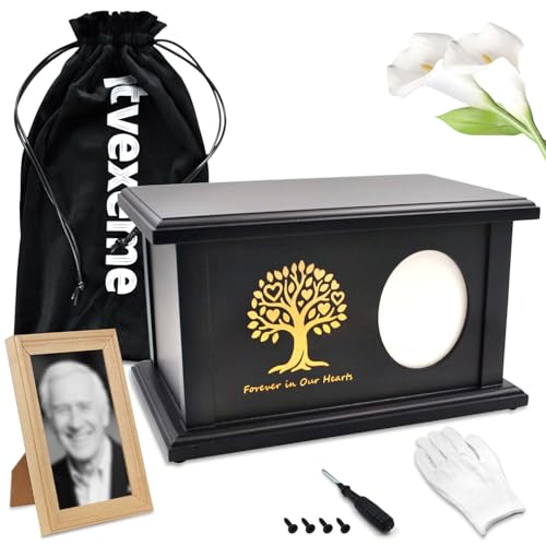 Cremation Urn Adult Human Ashes, Wood Tree of Life Box with Photo Frame | Holds up to 250 lbs, Wooden Urns Box and Casket for Men Women, Black, Dimensions: 10.83"L x 6.89"W x 6.3"H