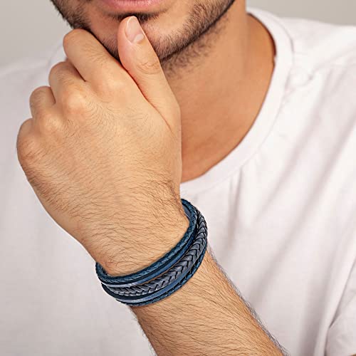 Mens Leather Bracelet with Clasp Cowhide Multi-Layer Braided Leather Mens Bracelet - style: Blue Rope&Black Clasp 8.7