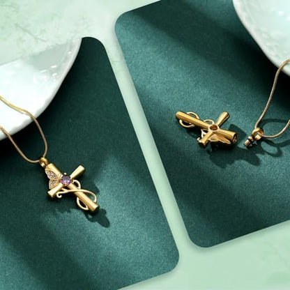 Butterfly Cross Cremation Jewelry Urn Necklaces Cross Butterfly Urn Necklaces for Ashes Memorial Keepsake Pendant for Women Men Gifts With Funnel Kit & Bag - color: Gold+Purple