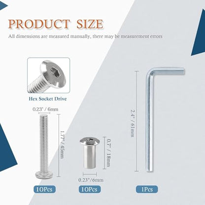10 Pair(20 Piece) M6x45mm Hex Drive Socket Cap Bolt, Silver | Allen Wrench Included, Countersunk Screw Barrel Nuts, Binding Screws, For Crib Replacement Belt Cabinet - color: Silver, size: M6x45mm