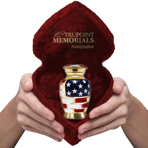 Trupoint Memorials Small Urns for Human Ashes Keepsake, Decorative Mini Cremation Urn for Adult Men and Women, Small American Flag with Velvet Heart Box - color: Red Usa Flag