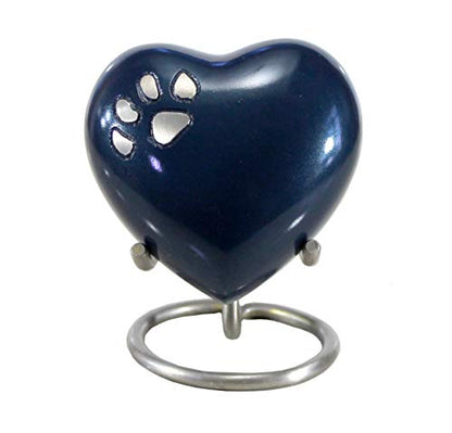 eSplanade Brass Mini Cremation Heart-Shaped Keepsake Memorial Jar Pot Container | Small Urn for Funeral Ashes Burial | Paws Engraved Metal Keepsake with Stand | Dark Blue - 2.75" Inches