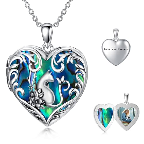 Dorunmo Personalized Heart Locket Necklace That Holds 2 Picture 925 Sterling Silver Custom Lockets Pendant Memorial Jewelry Gifts for Mom Sisters - color: Cat-Abalone, style: Personalized-Photo+Text