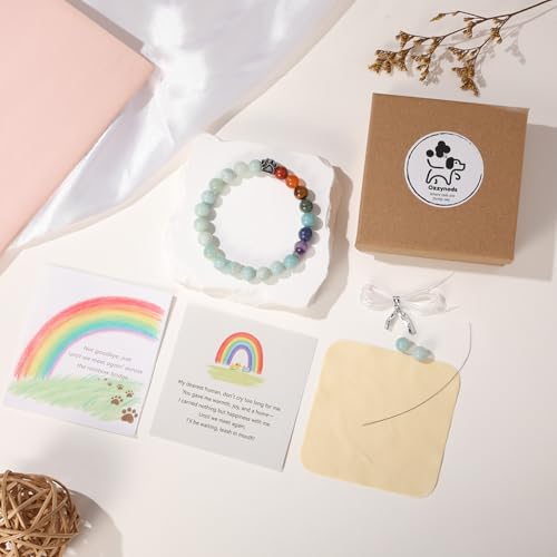 Pet Memorial Gifts for Dogs, Rainbow Bridge Paw Print Beaded Bracelet in Memory of Dog, Cats Passed Away Bereavement Gifts, Pet Cat Loss Sympathy Gift Remembrance Jewelry, Amazonite, S - color: Amazonite&Rainbow