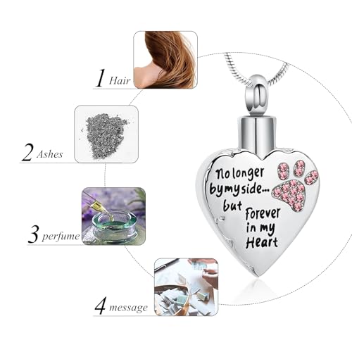 memorial jewelry No Longer by My Side,But Forever in My Heart Carved Locket Cremation Urn Necklace for Pet Dog Cats - color: Pink