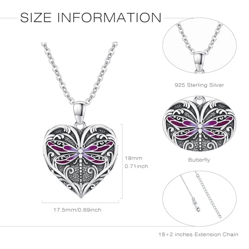 Heart Photo Locket Necklace Sterling Silver for Women | Dragonfly, Butterfly, Turtle, Dog Paw and Mother Daughter Styles, Jewelry Gifts for Mom Christmas Birthday Anniversary. - style: 1-Dragonfly-Purple