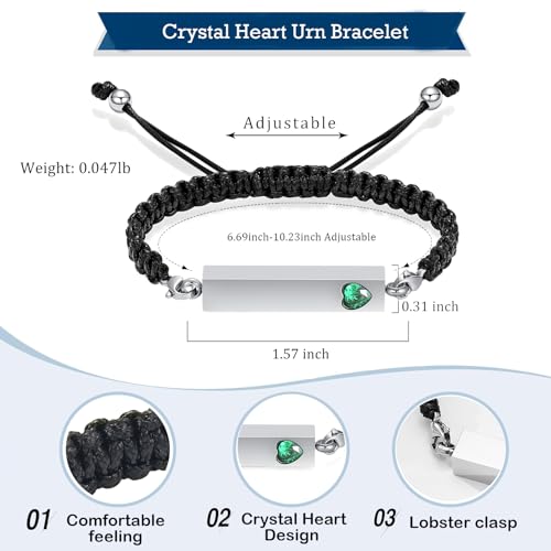 Hearbeingt Crystal Heart Cremation Jewelry Bar Urn Bracelet for Ashes - color: Silver-Green stone