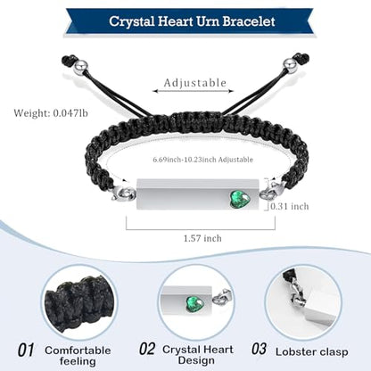 Hearbeingt Crystal Heart Cremation Jewelry Bar Urn Bracelet for Ashes - color: Silver-Green stone