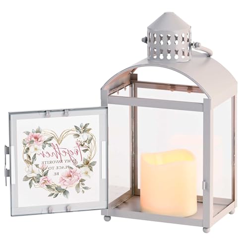 Magnolia Garden 10.5 Inch Grey Metal Arched Lantern – LED Candle Home Decor – Wedding Floral-Accented Heart – “TogetherIs My Favorite Place to Be - size: 4 x 4 x 10.5, style: Together Is My Favorite Place