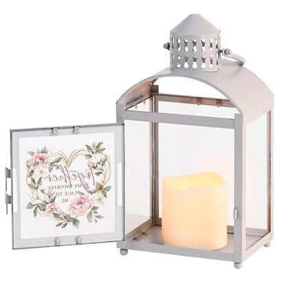Magnolia Garden 10.5 Inch Grey Metal Arched Lantern – LED Candle Home Decor – Wedding Floral-Accented Heart – “TogetherIs My Favorite Place to Be - size: 4 x 4 x 10.5, style: Together Is My Favorite Place