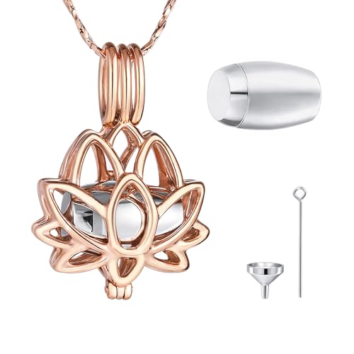 MeMeDIY Stainless Steel Urn Necklaces for Ashes Cremation Jewelry for Ashes Mini Keepsake Urn Memorial Ash Jewelry Lotus Flower Shape Urn Necklace Engraved Text - color: B1: Rose Gold + Silver
