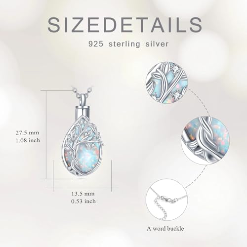 Diamond Tree of Life Urn Necklace for Ashes 925 Sterling Silver Family Tree of Life Cremation with Funnel Filler Ash Holder Keepsake Memorial Jewelry Gifts for Women,18+2 inch - style: Style 1-White Opal