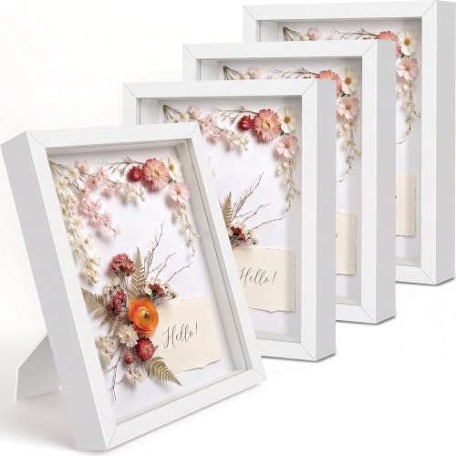 4 Pack Shadow Box Frame Display Cases, 8"x 10" Wood Deep Black Handicrafts Shadowbox for Flowers Jersey Wedding (White) - color: White