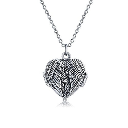 Bling Jewelry Vintage Style Dome Large Guardian Angel Wing Feathered Heart Shaped Photo Locket For Women Teens Holds Photos Pictures Oxidized .925 Silver Necklace Pendant Custom Engraved