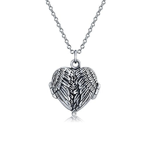 Vintage Guardian Angel Wing Heart Photo Locket Necklace Silver Pendant