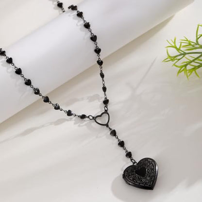 Personalized Heart Locket Necklace for Women Stainless Steel- Heart Necklace - color: black