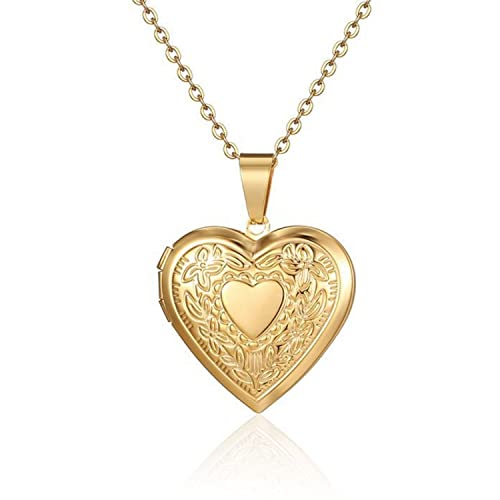 Vintage Engraved Flower Locket Picture Pendant Necklace Antique Carved Pattern Oval Heart Pendant Necklace For Women Hold Picture Souvenir Memorial Jewelry - color: Gold Heart 1