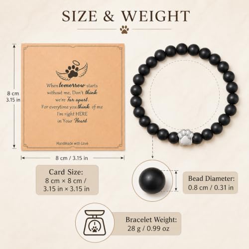 Pet Memorial Bracelet Loss of Dog Cat Matte Black Bead Sympathy Gift | Silver paw print charm, bereavement condolence keepsake jewelry, rainbow bridge gift for dog mom cat mom women men pet parent