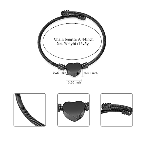 constantlife Cremation Bracelet for Ashes Memorial Jewelry Stainless Steel Heart Shape Urn Pendant Bangle Loved Ones Funeral Ashes Holder Keepsake Gift - color: A-Black
