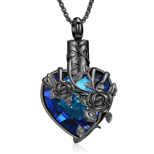 Rose Flower Cremation Urn Necklace for Ashes Heart Crystal Memorial Jewelry for Women Urn Keepsake Pendant Human Pet Memorial Locket Holder - color: Black (Blue Stone)